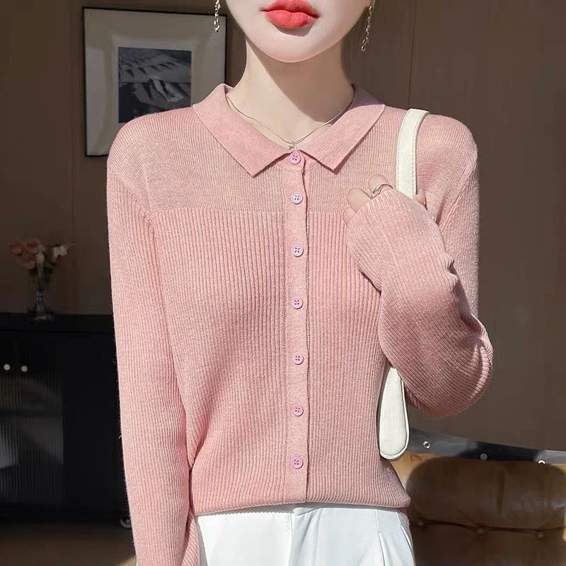 /西柚/2025春季新款高级小翻领长袖针织t恤上衣粉色娃娃领033