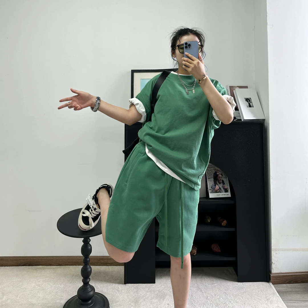 夏季休闲五分裤马克龙色男女短裤500g日系少年感松紧抽绳纯棉短裤