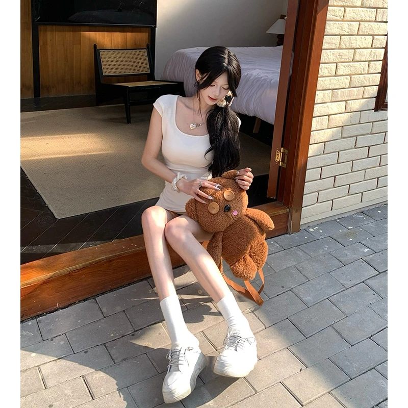 夏季方领修身显瘦气质纯欲辣妹小众高腰短款A字裙