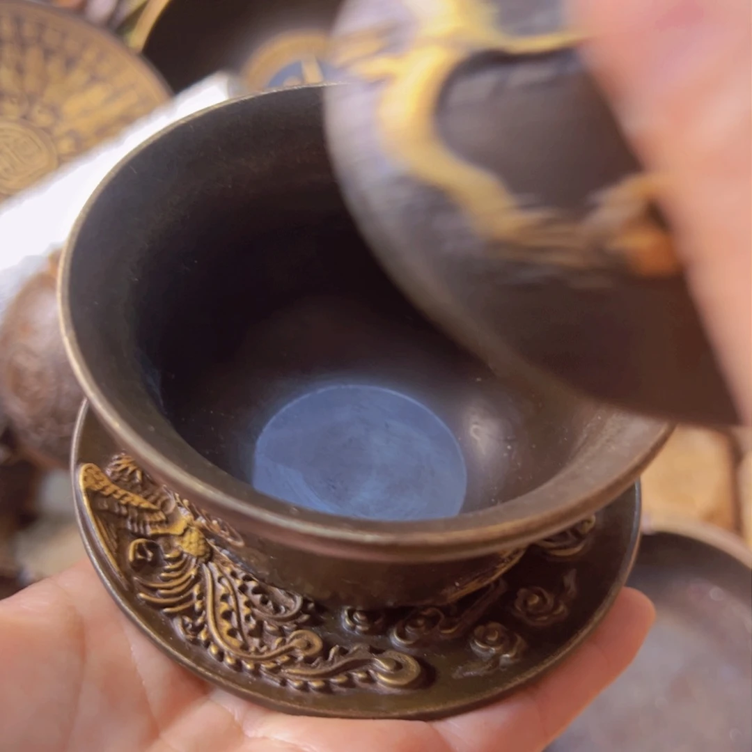 原矿风磨铜盖碗一套