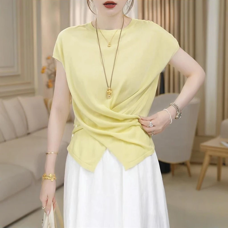 气质高级感交叉系扣短袖T恤2025夏季新款时尚简约收腰不规则上衣