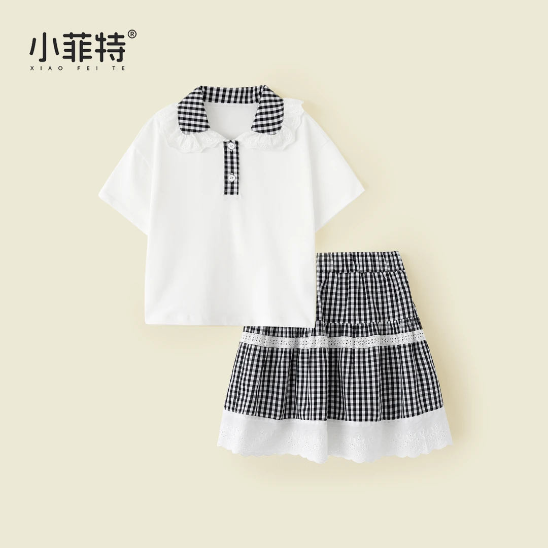 小菲特夏季新款女童洋气时尚格子短袖公主裙子两件套装BGTX50989