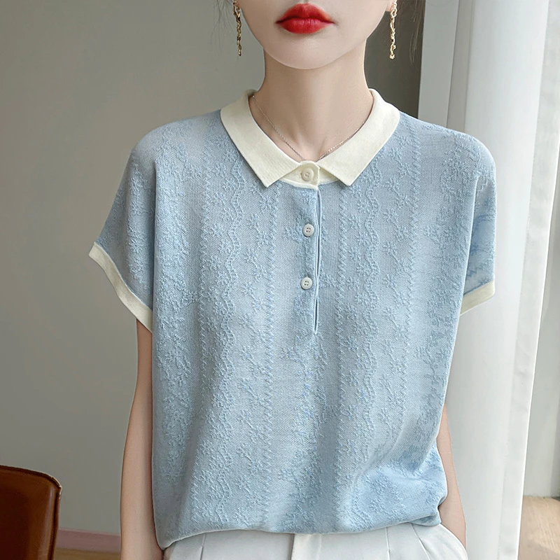 哥弟阿玛施正常规修身型拼接撞色提花女士T恤显瘦大码ol宽松时尚