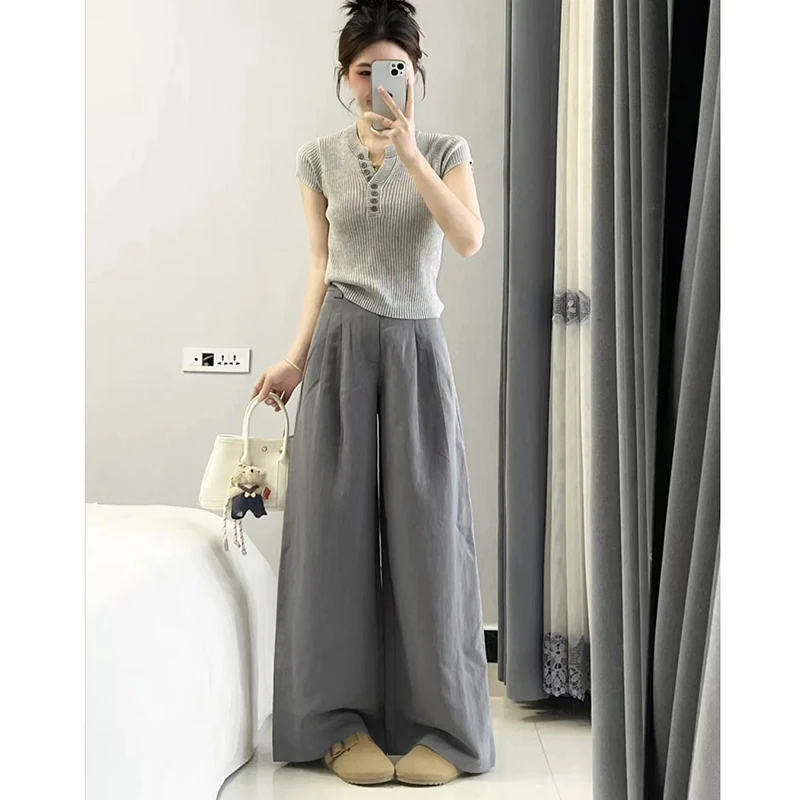 减龄休闲别致慵懒两件套2025夏季新款短袖针织衫设计感阔腿裤套装