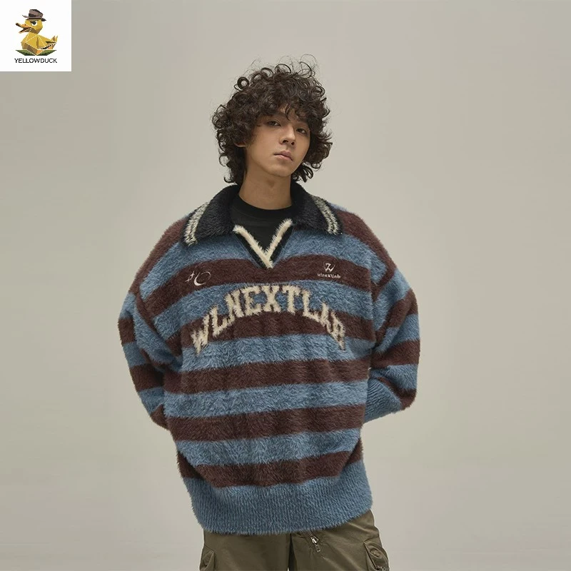 网红爆款美式复古学院风情侣毛衣秋冬款宽松针织衫男潮牌