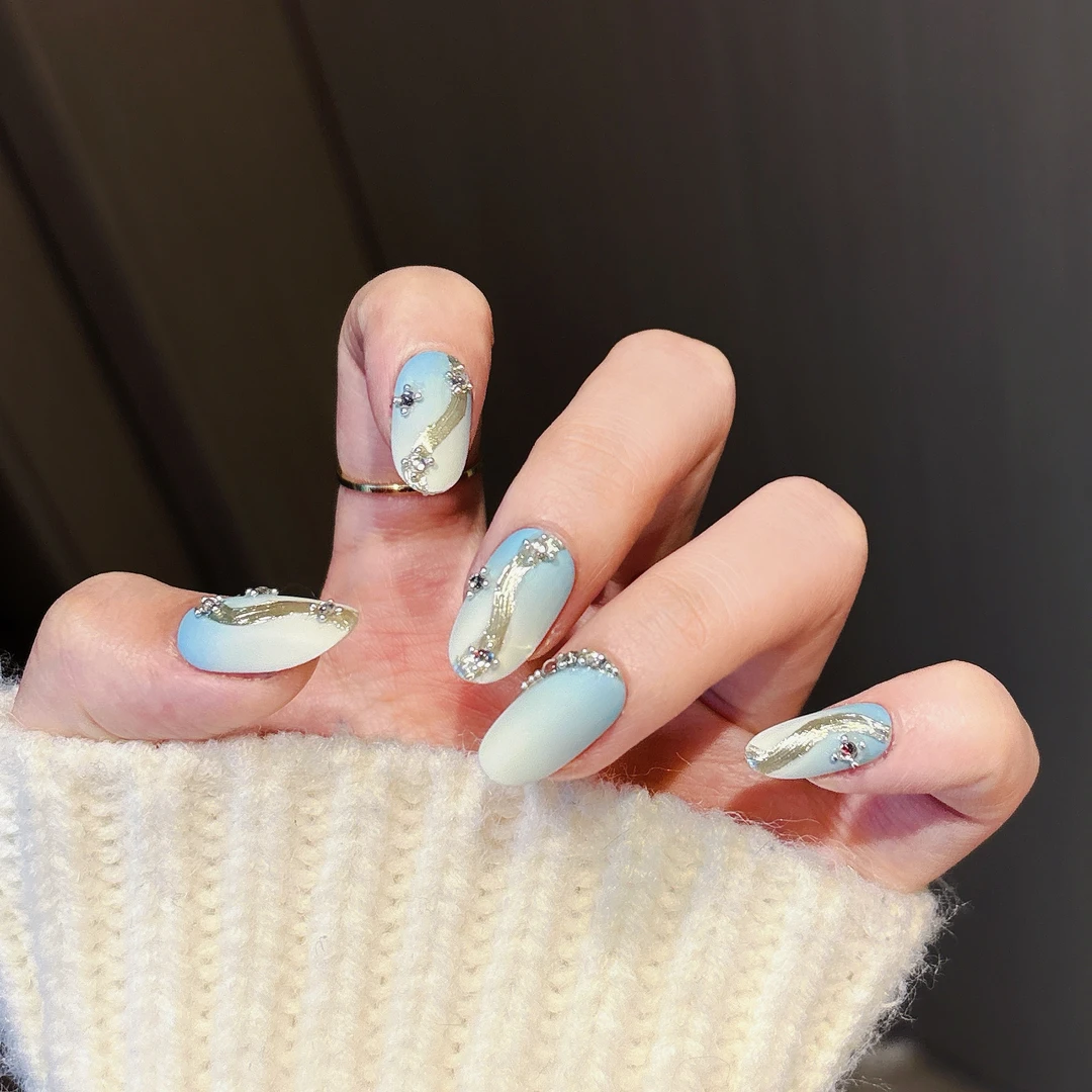 纯手工【淡蓝星辰】酷辣鎏金短款蓝色日常通勤新款穿戴甲