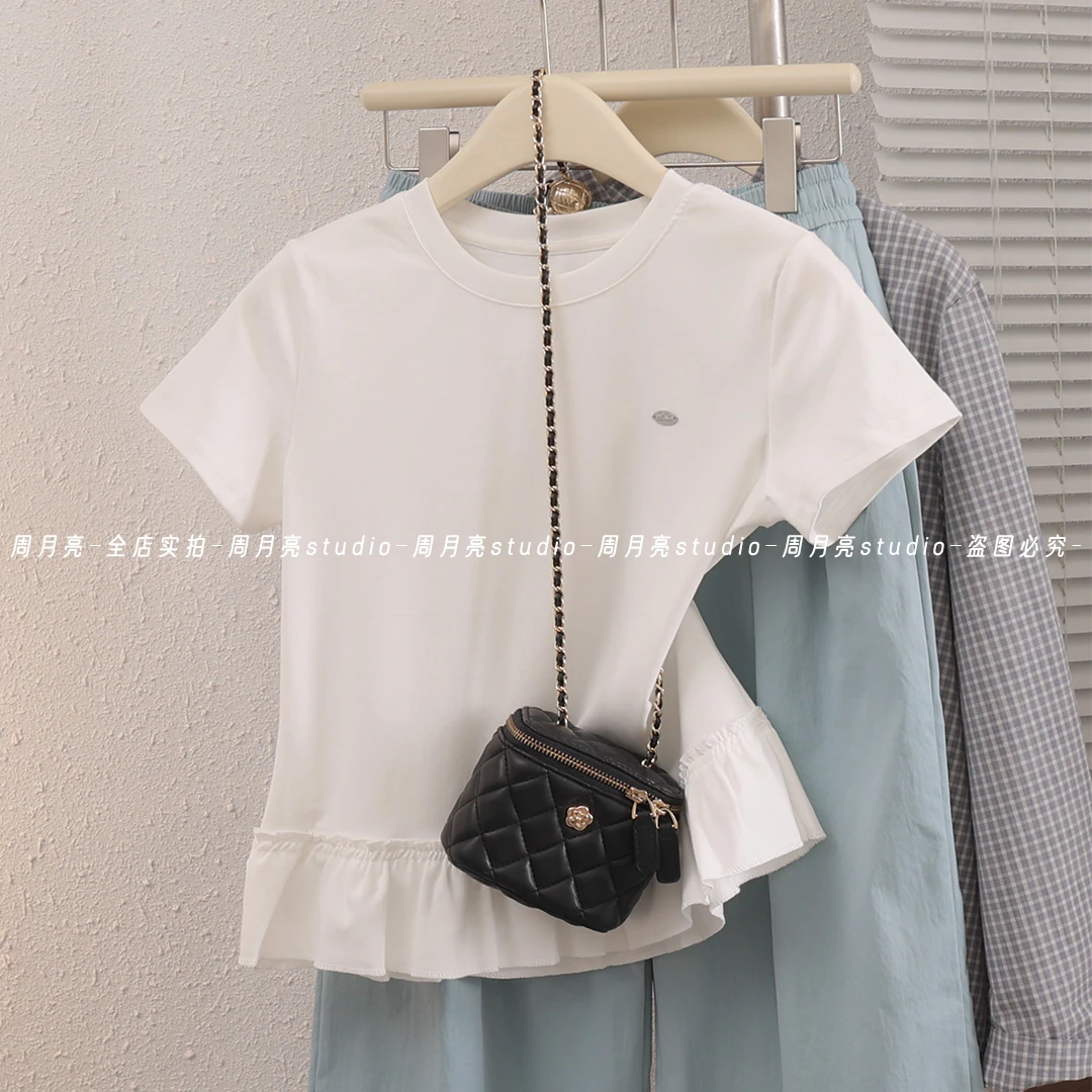 uuc1695 纯色圆领气质活力荷叶边下摆拼接显瘦褶皱短袖女T恤短款