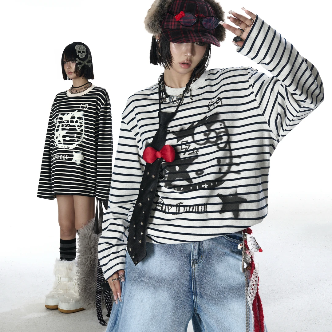 黑灰条纹创意印花长袖T恤女秋季新款百搭套头休闲防晒罩衫上衣潮