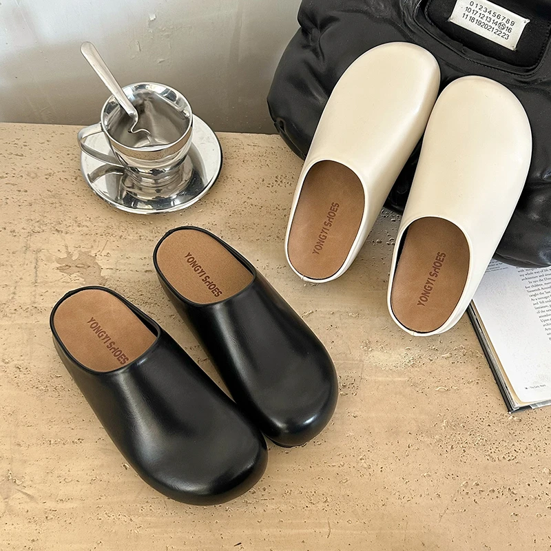 法式纯色包头方头英伦包头拖平跟平底网红日常时尚小众粗跟