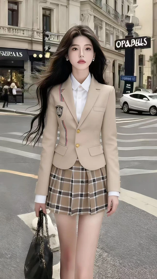 新款早秋氛围感穿搭学院风卡其色外套+格子百搭显瘦半身裙两件套