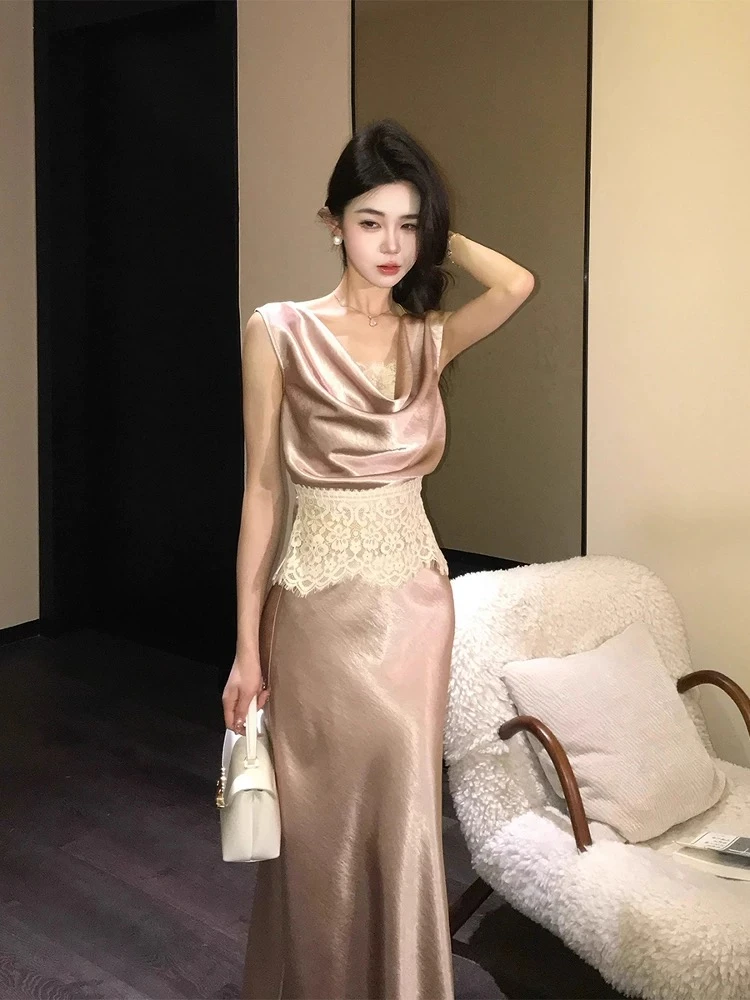 木子李的李万里可期无袖拼接蕾丝女夏修身显瘦半裙两件套