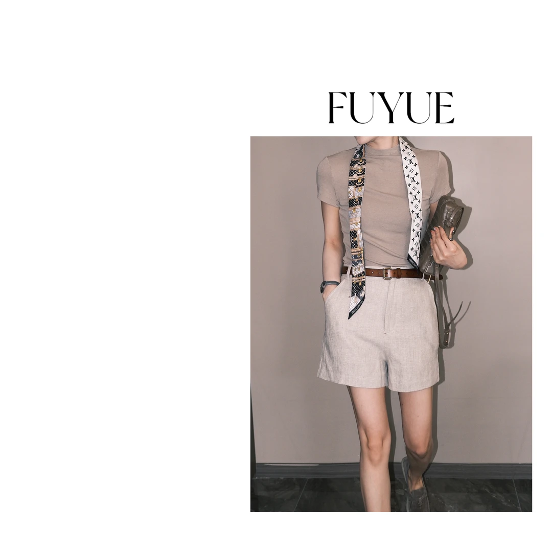 FUYUE赴约 品质咖色亚麻短裤老钱静奢款显瘦气质休闲裤时尚百搭