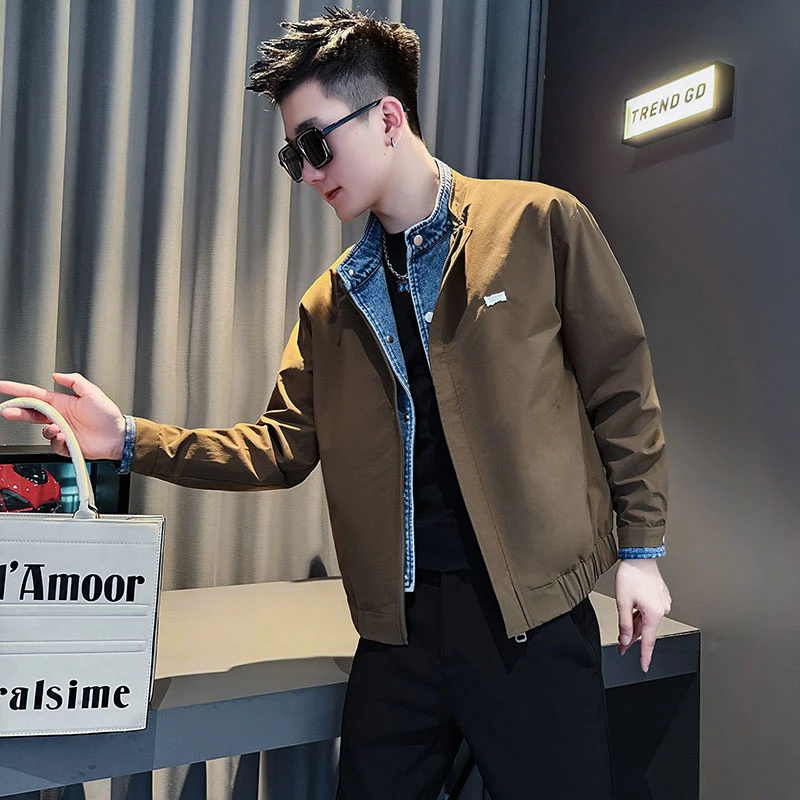假两件牛仔拼接外套男款潮牌痞帅立领夹克2025新款春秋季百搭褂子