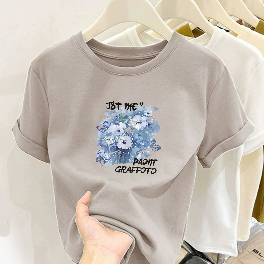 2025新款圆领蓝色油画花朵印花纯棉短袖小个子女修身显瘦百搭上衣