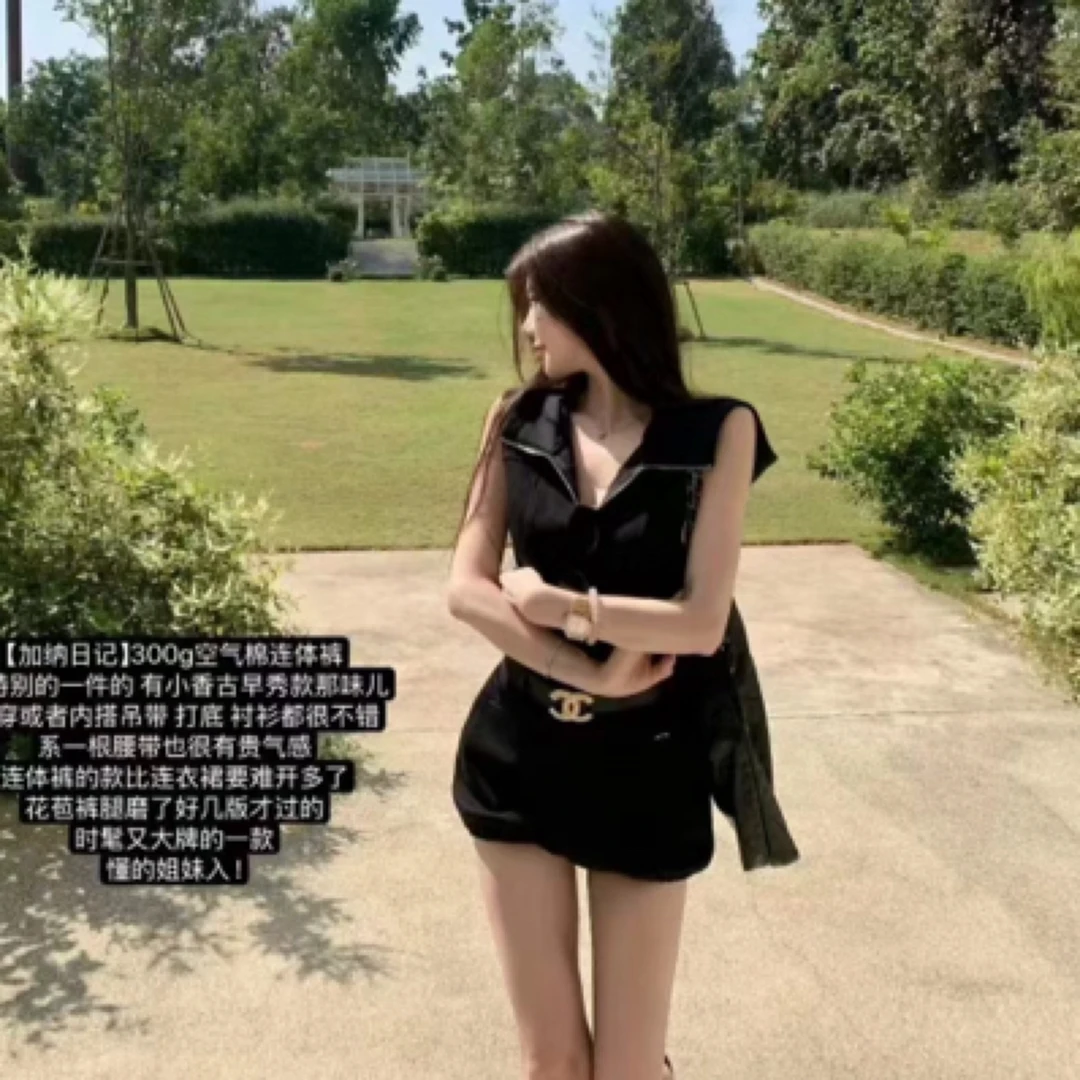 连帽无袖显瘦气质黑色百搭连体衣3048