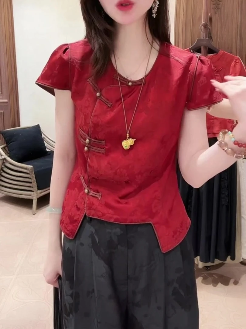 红色圆领短袖背心夏季新款女装斜襟门盘扣设计新中式国风上衣女款