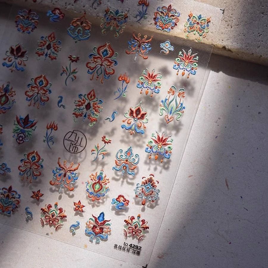 国风新中式敦煌纹样美甲平面款敦煌莲花拉布布美甲贴纸复古