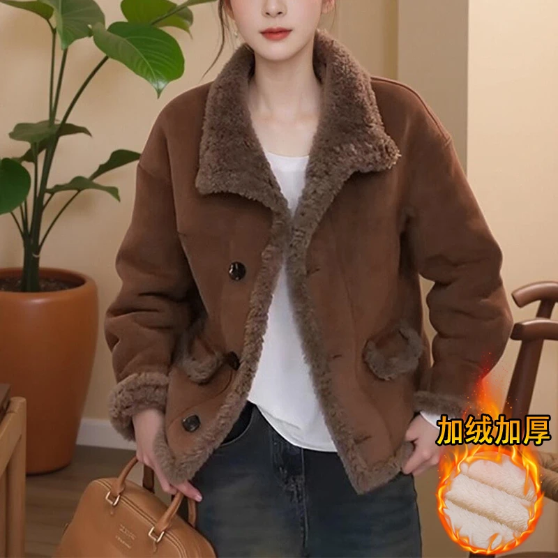 2025新款秋冬季反绒面休闲韩版ins潮百搭加厚保暖机车服短外套女