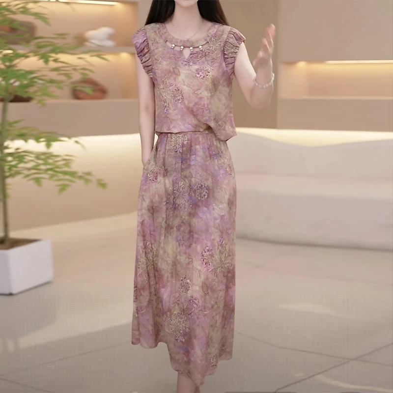 假两件短袖印花连衣裙夏季新款高档洋气中长款遮肉遮肚子印花裙子