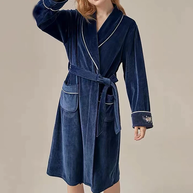 （衣兮袖口刺绣睡袍）秋冬情侣款柔软亲肤简约纯色百搭系带睡袍D