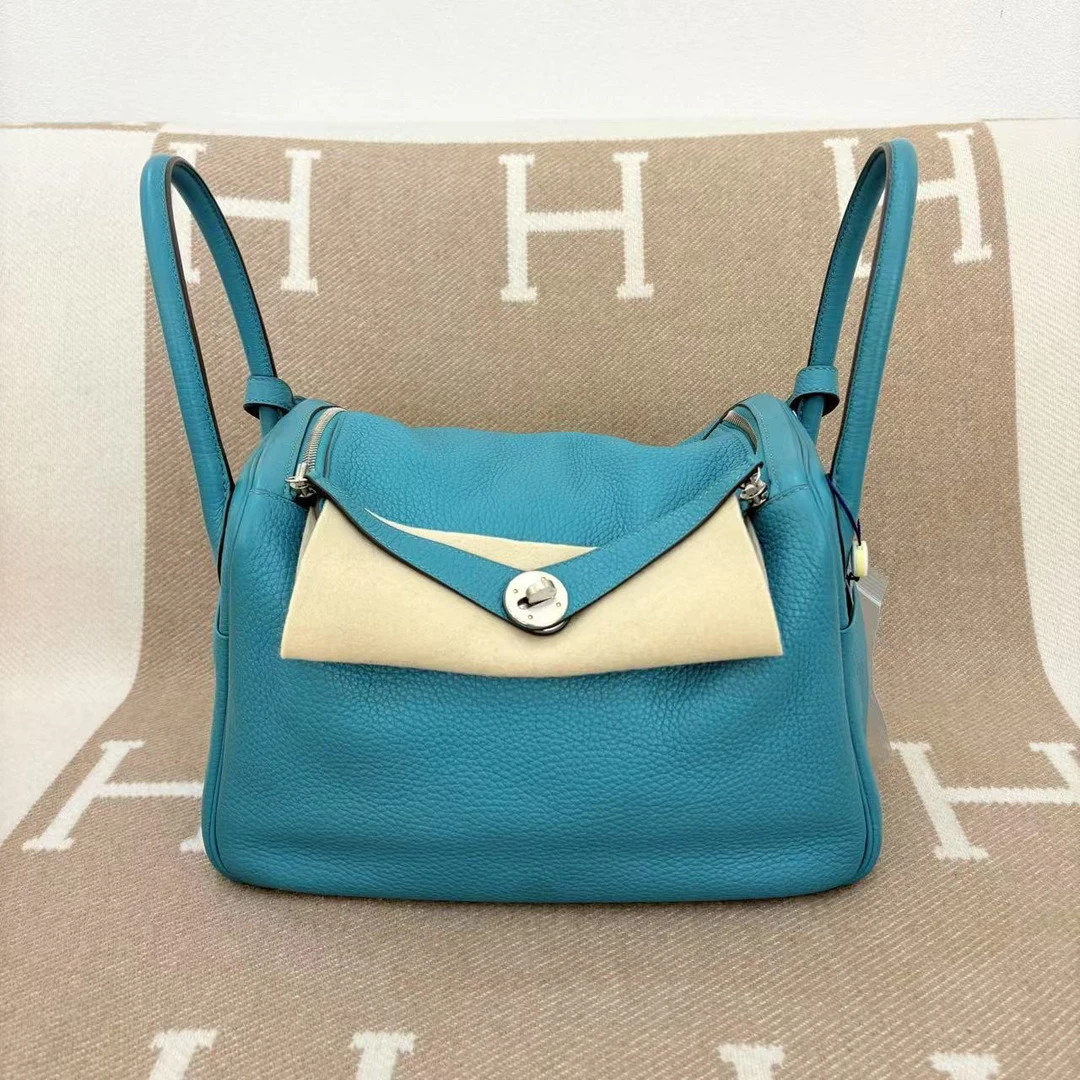 95新 Hermes/爱马仕 lindy 30 X tc皮 孔雀蓝手提包ac0401a8