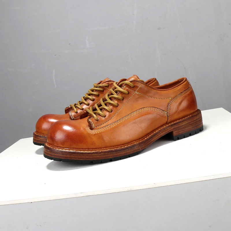 轻奢手工重水洗复古做旧阿美咔叽马皮工装鞋男士商务休闲短脸皮鞋