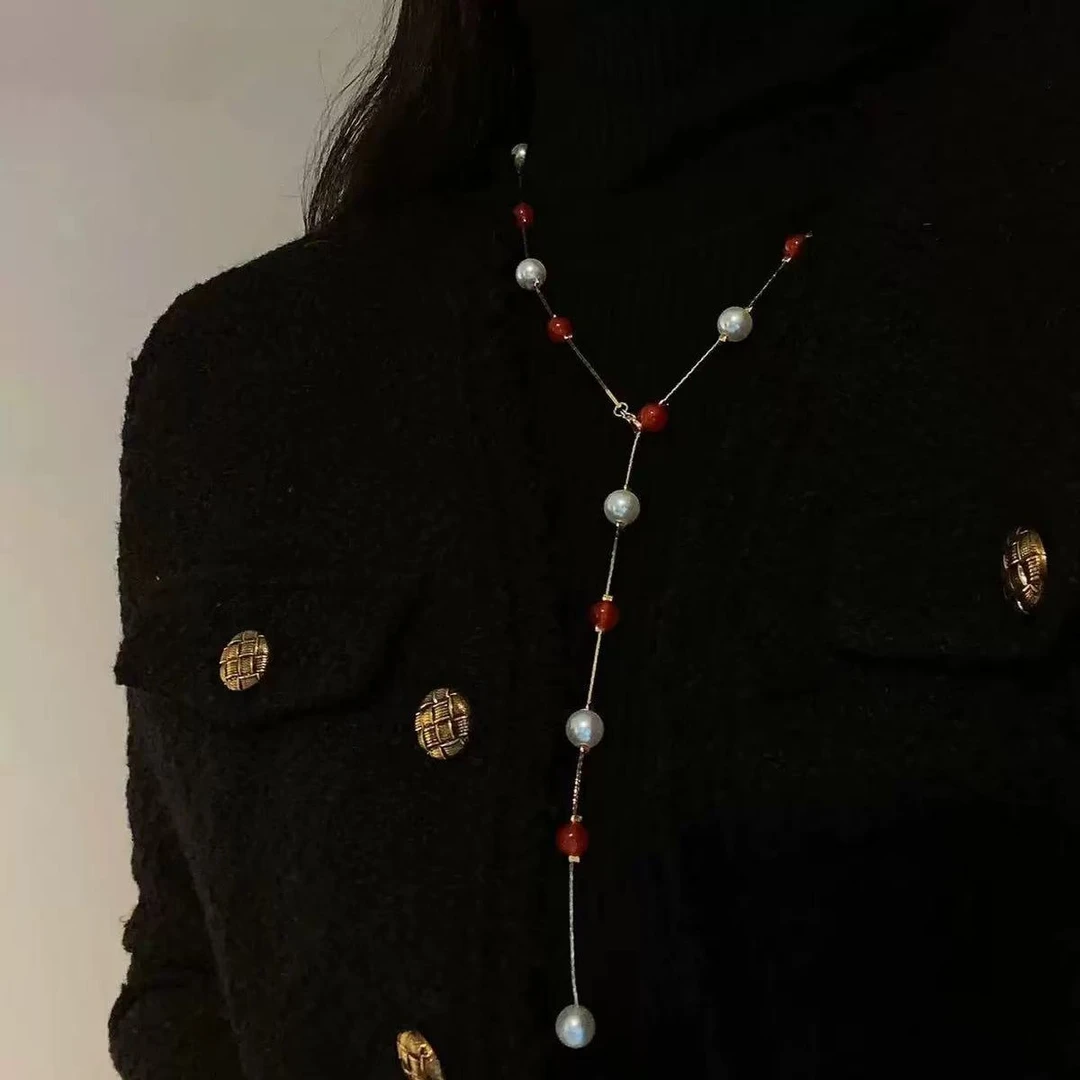 铜合金仿珍珠项链 红白仿珍珠流苏可调节项链法式简约毛衣链女