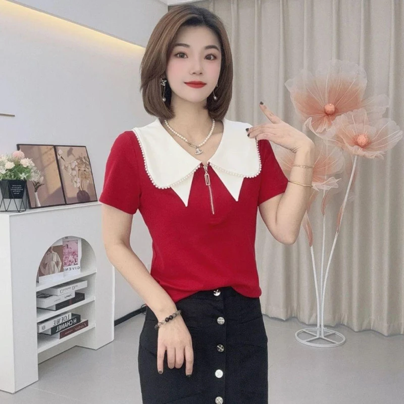 高含棉2025夏季新款娃娃领钉珠短袖t恤女设计感洋气遮肉减龄上衣