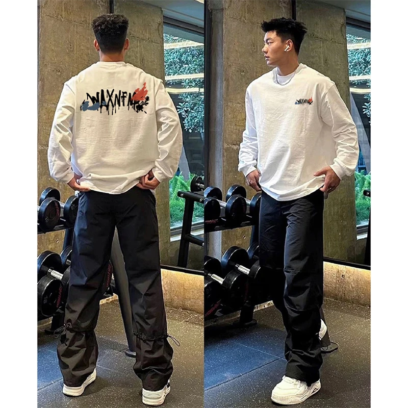 小众涂鸦字母正肩长袖T恤男秋冬宽松百搭休闲打底衫oversize上衣