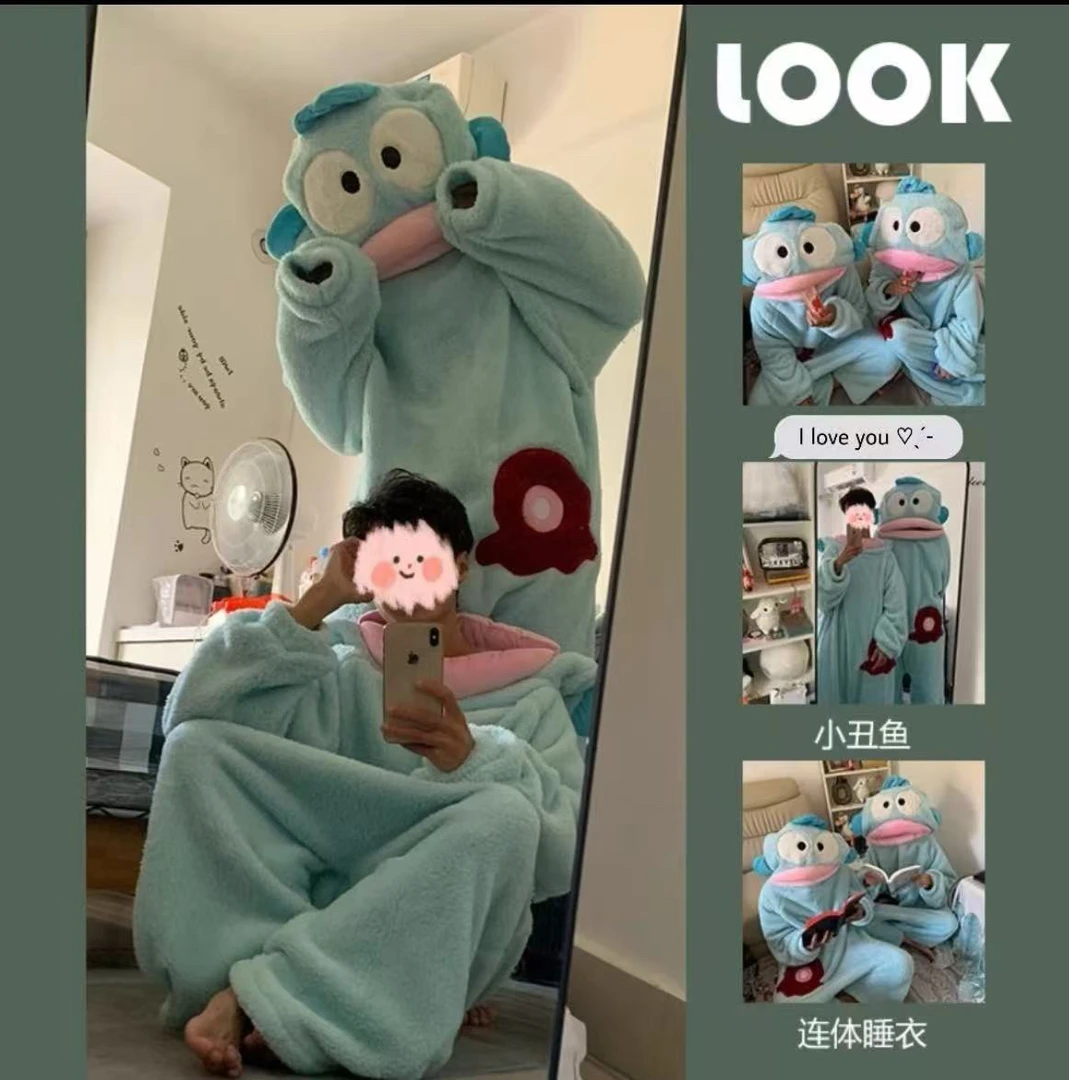 汉顿丑鱼连体睡衣女珊瑚绒加厚保暖鱼嘴睡衣冬季卡通搞怪情侣睡袍