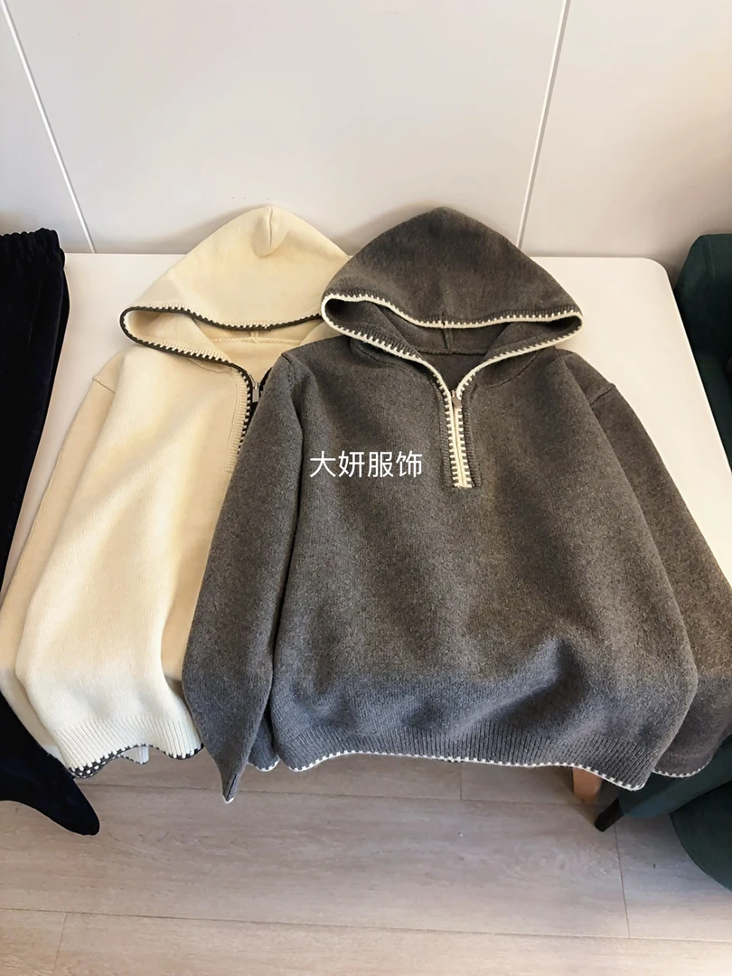 花边连帽。简约慵懒风！韩版保暖厚款连帽百搭休闲针织上衣毛衣