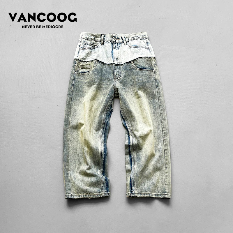 VANCOOG秋季美式高街双腰阔腿长裤复古拖地慵懒宽松直筒牛仔裤男
