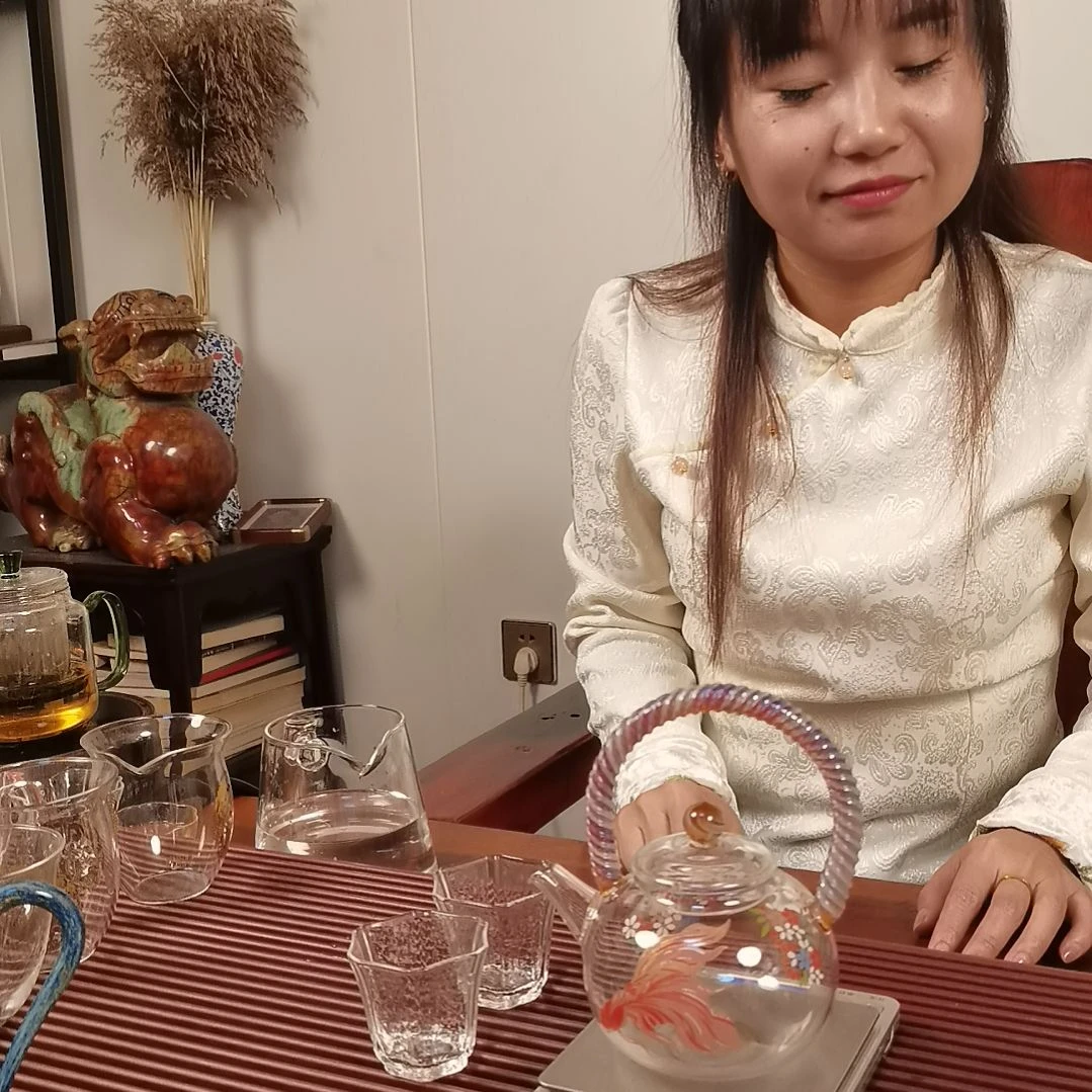 高硼硅玻璃手柄款花漫鱼影提梁壶配两支小杯