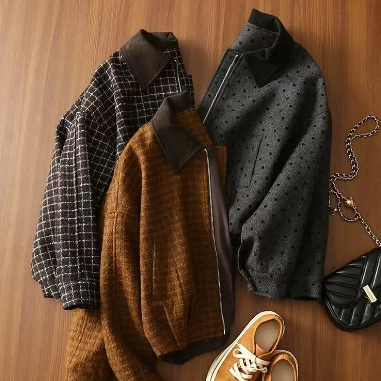 秋季美拉德风羊毛格纹外套夹克拼接翻领短款夹克加厚保暖外套