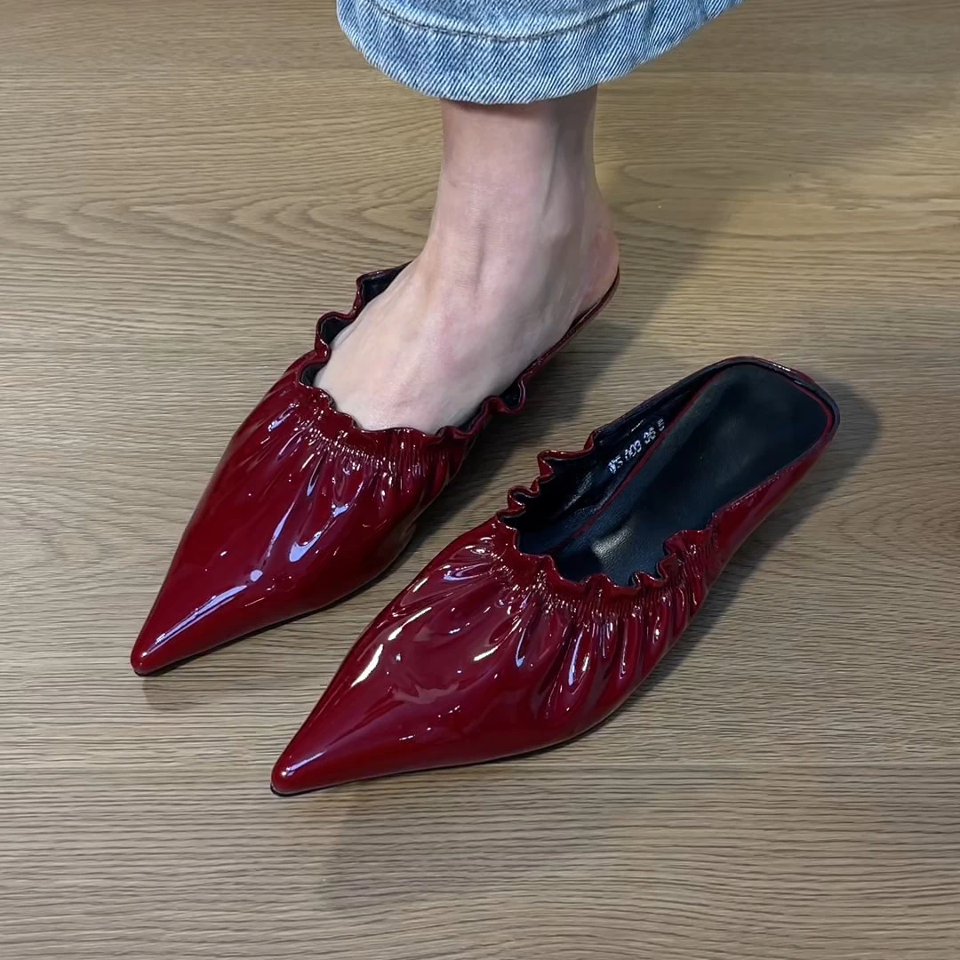 拖鞋包头半托尖头红色新款浅口夏季女款赫本复古拖鞋百搭时尚气质