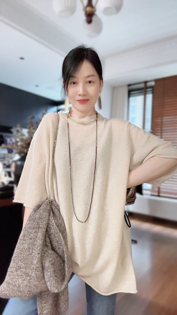 【大苏苏暖绒系】极简100%山羊绒衫圆领宽松慵懒五分袖中长款针织衫