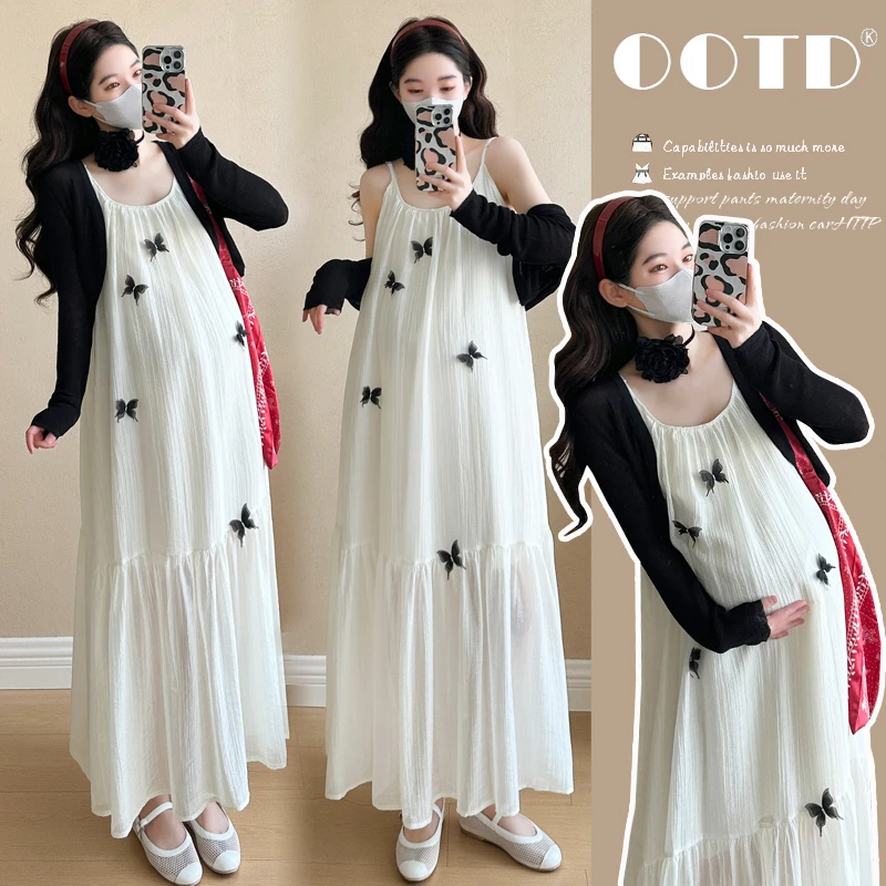 时髦孕妇装新款2025夏季新品韩版时尚甜美减龄蝴蝶吊带裙防晒套装