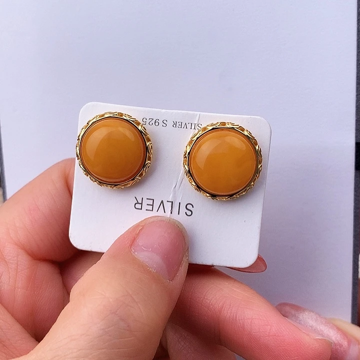 蜜蜡耳饰银S925镶嵌耳饰