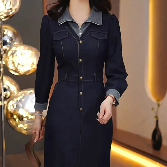 高档水洗软牛仔假两件套装连衣裙2025春季新款气质显瘦减龄女裙子