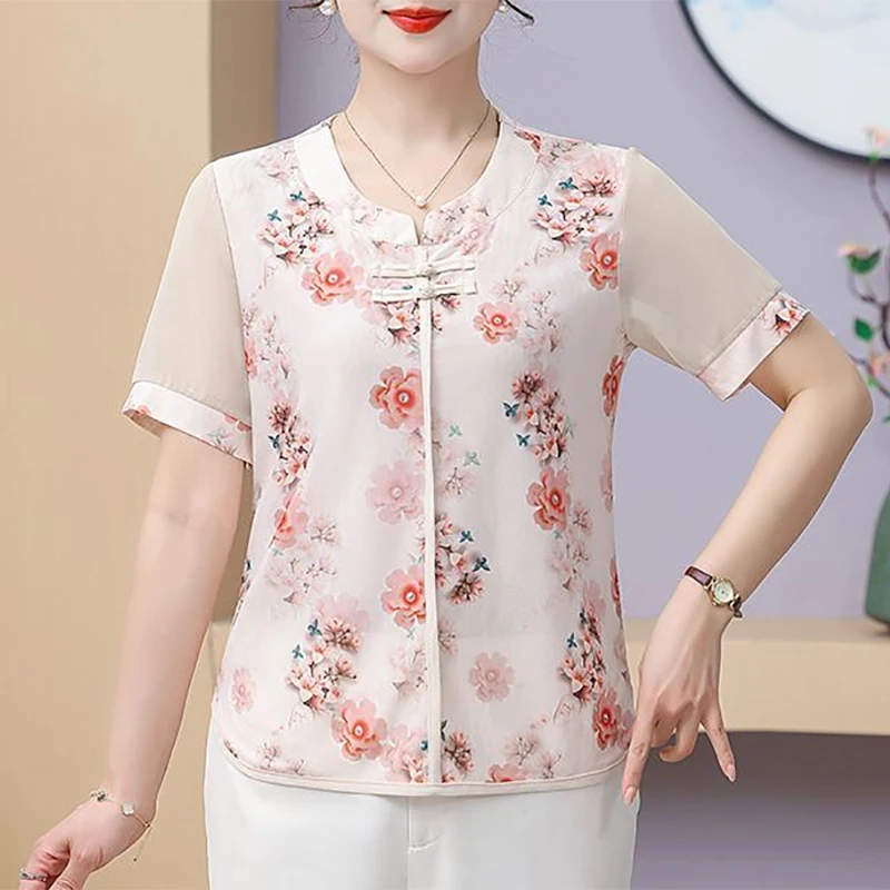 2025夏季新款时尚国风盘扣圆领妈妈短袖雪纺衫女上衣百搭减龄上衣