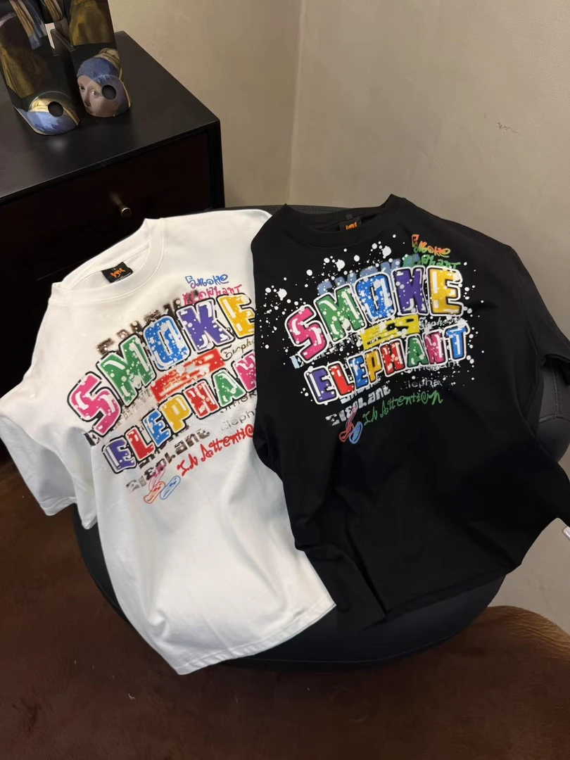 FR-【彩虹字】字母发泡印花喷绘线条美式休闲情侣T恤