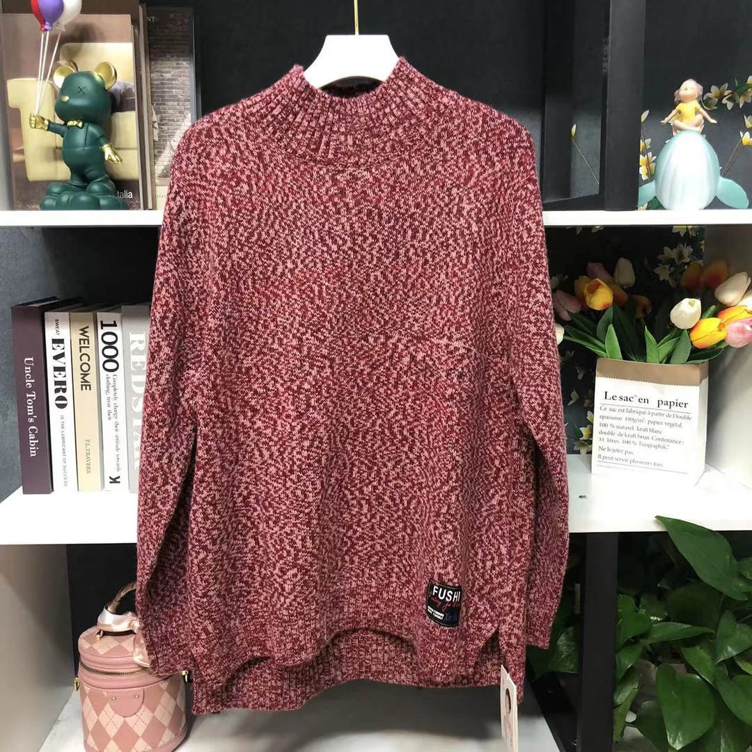 ML5701【品牌撤柜】时尚红色半高领下开叉百搭简约毛衣