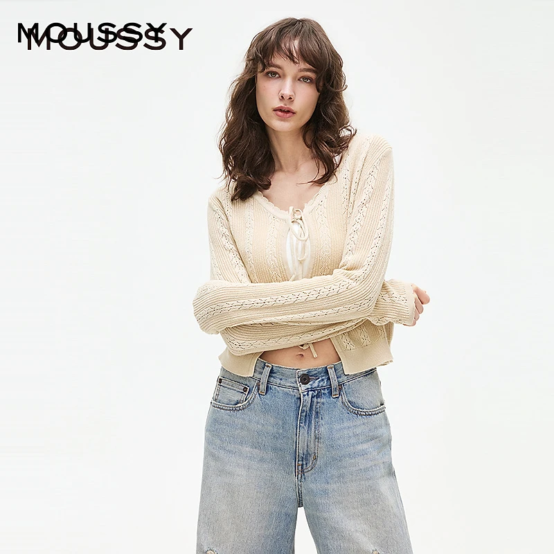 【达人专享】MOUSSY 优雅淑女风花边领系带针织开衫028ISZ70-0671