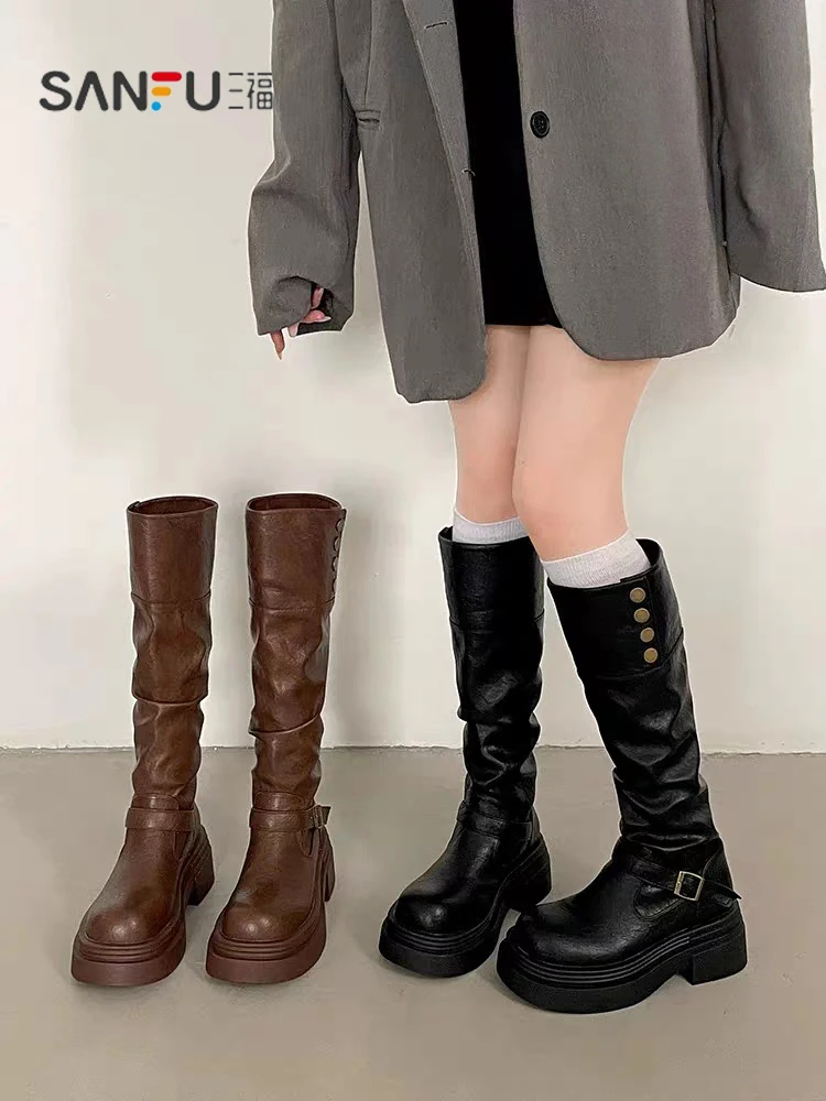 三福高筒靴子夏季厚底长筒靴女2025新款显瘦增高小个子粗腿骑士靴