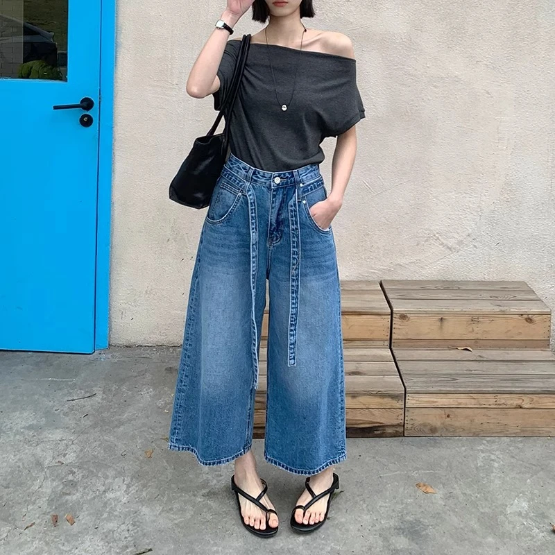 牛仔裤女2025夏季阔腿裤欧货高腰抽绳薄款蓝色宽松八分裤.