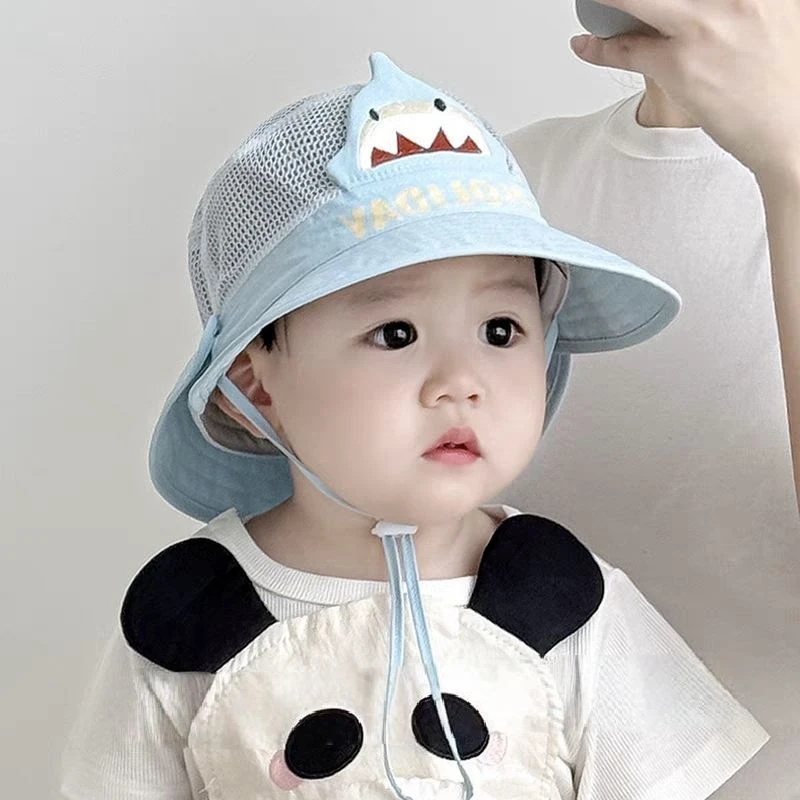 宝宝帽子遮阳帽男女童渔夫帽婴儿大檐网眼披肩防晒太阳户外薄夏季