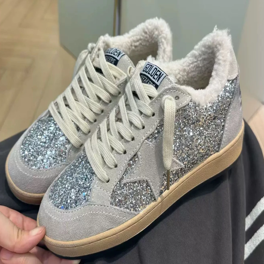 东大门韩系亮片系带冬季格子做旧时尚休闲鞋星星灰色女加棉加绒