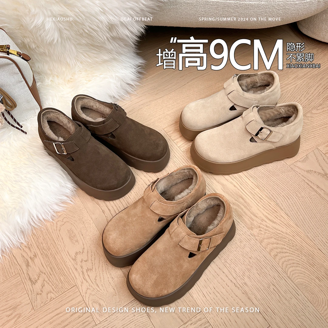 真皮版~复古厚底增高加绒保暖棉鞋雪地靴女2025新款一脚蹬勃肯鞋