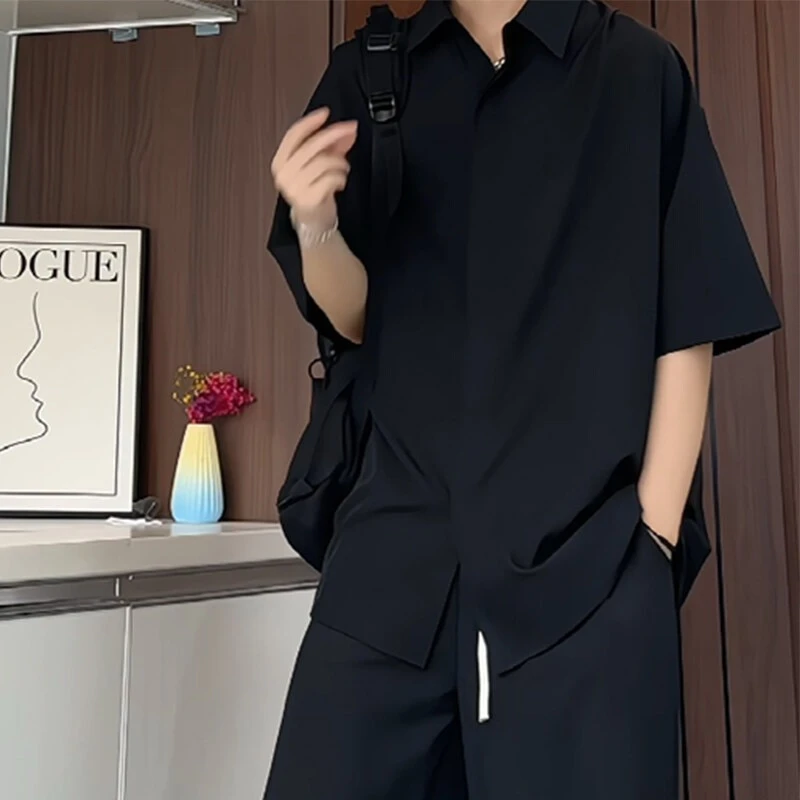 宽松衬衫外套假两件新款断码时尚男简约黑色大码休闲痞帅白色衬衣