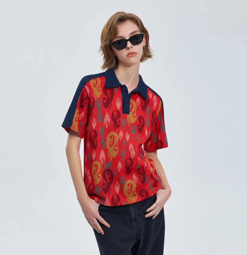 BH-BLACK新疆民族风艾德莱斯Atlas男女同款上衣翻领红色满印短袖